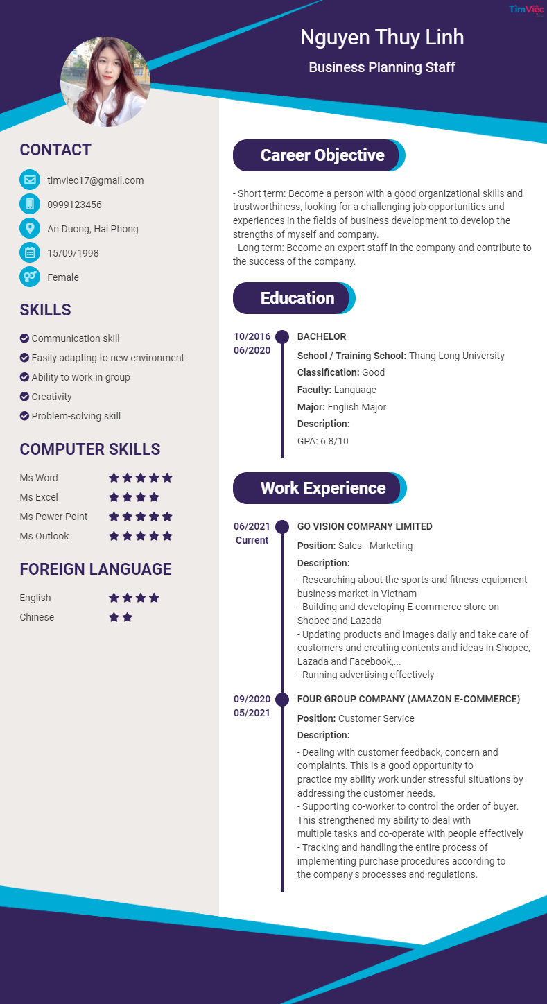 CV tiếng Anh tham khảo - Mẫu CV nhân viên Kinh doanh - cv.timviec.com.vn