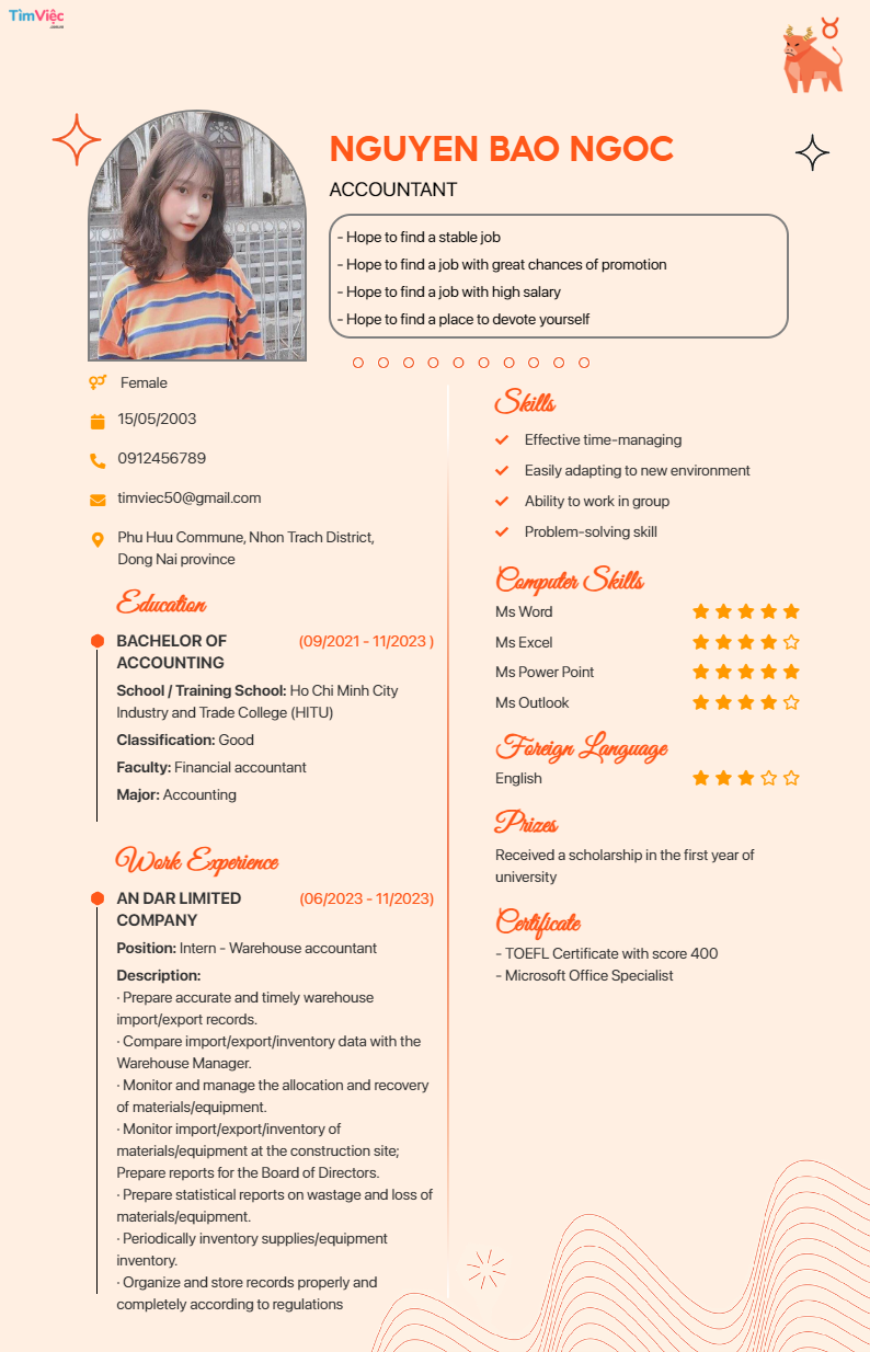 CV tiếng Anh tham khảo - Mẫu CV cung Kim Ngưu - cv.timviec.com.vn CV tiếng Anh tham khảo - Mẫu CV cung Kim Ngưu - cv.timviec.com.vn