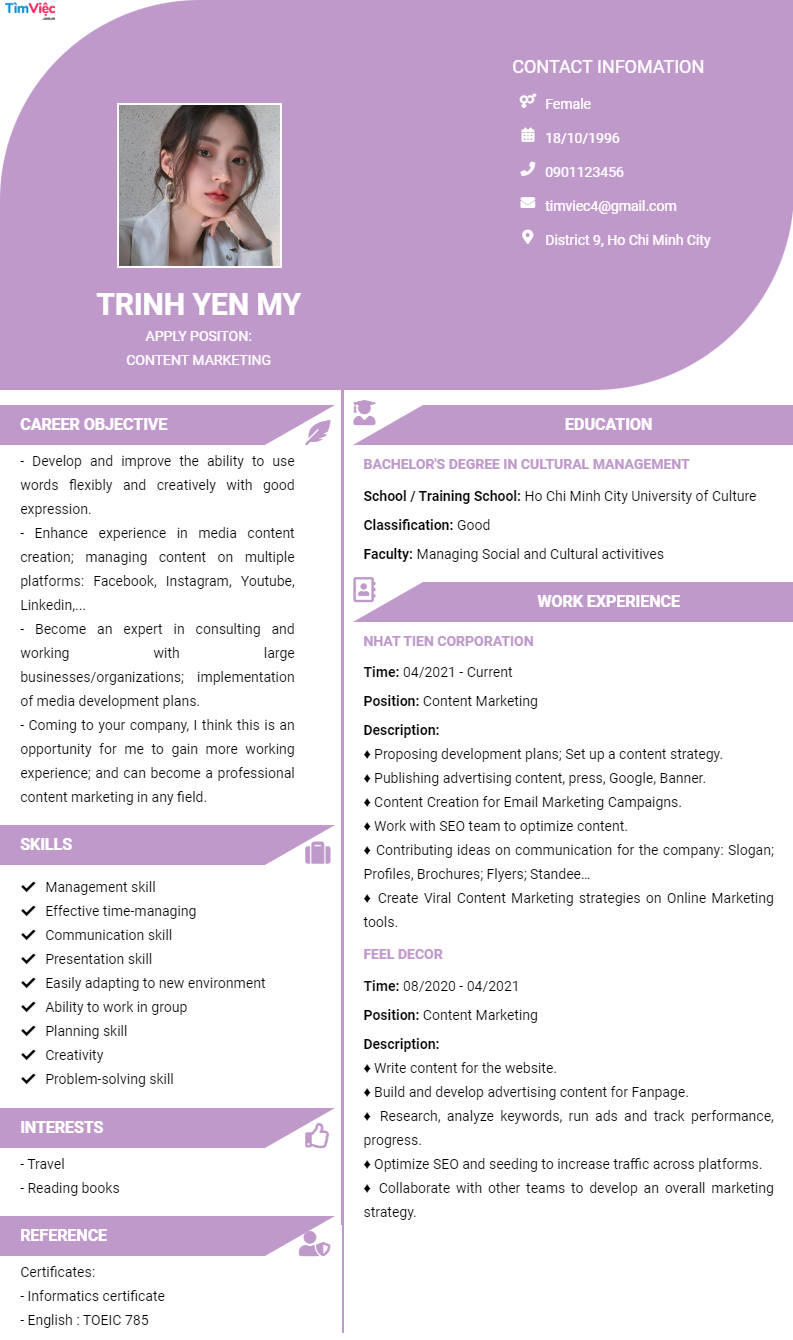 CV tiếng Anh tham khảo - Mẫu CV Nhân Viên Content Marketing - cv.timviec.com.vn