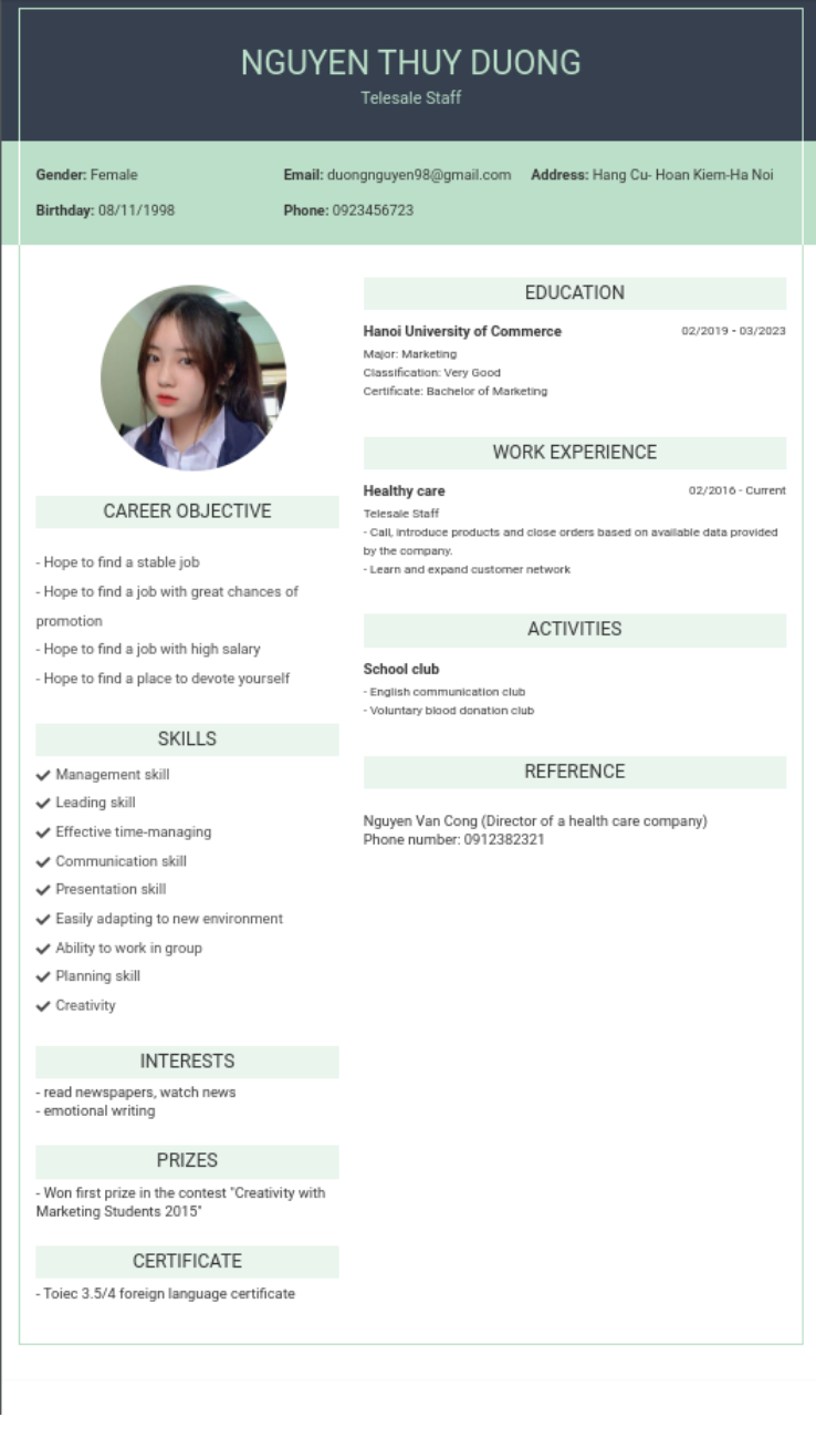 CV tiếng Anh tham khảo - Mẫu CV Telesale - cv.timviec.com.vn