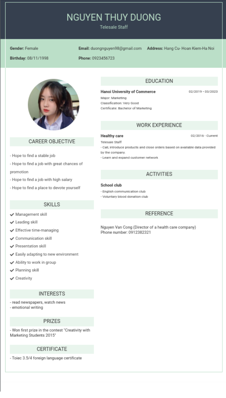 CV tiếng Anh tham khảo - Mẫu CV Telesale - cv.timviec.com.vn CV tiếng Anh tham khảo - Mẫu CV Telesale - cv.timviec.com.vn