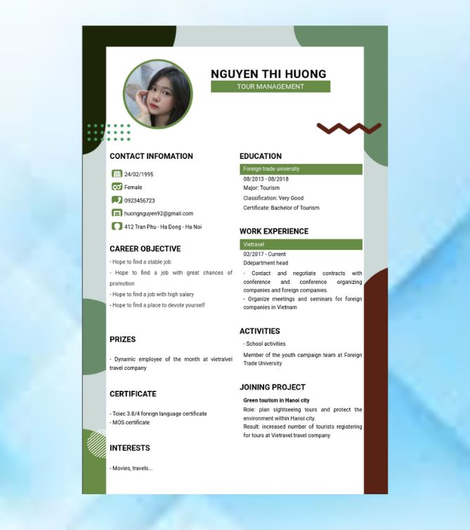 Mẫu CV tiếng Anh - Mẫu CV ngành Du Lịch - CV.timviec.com.vn