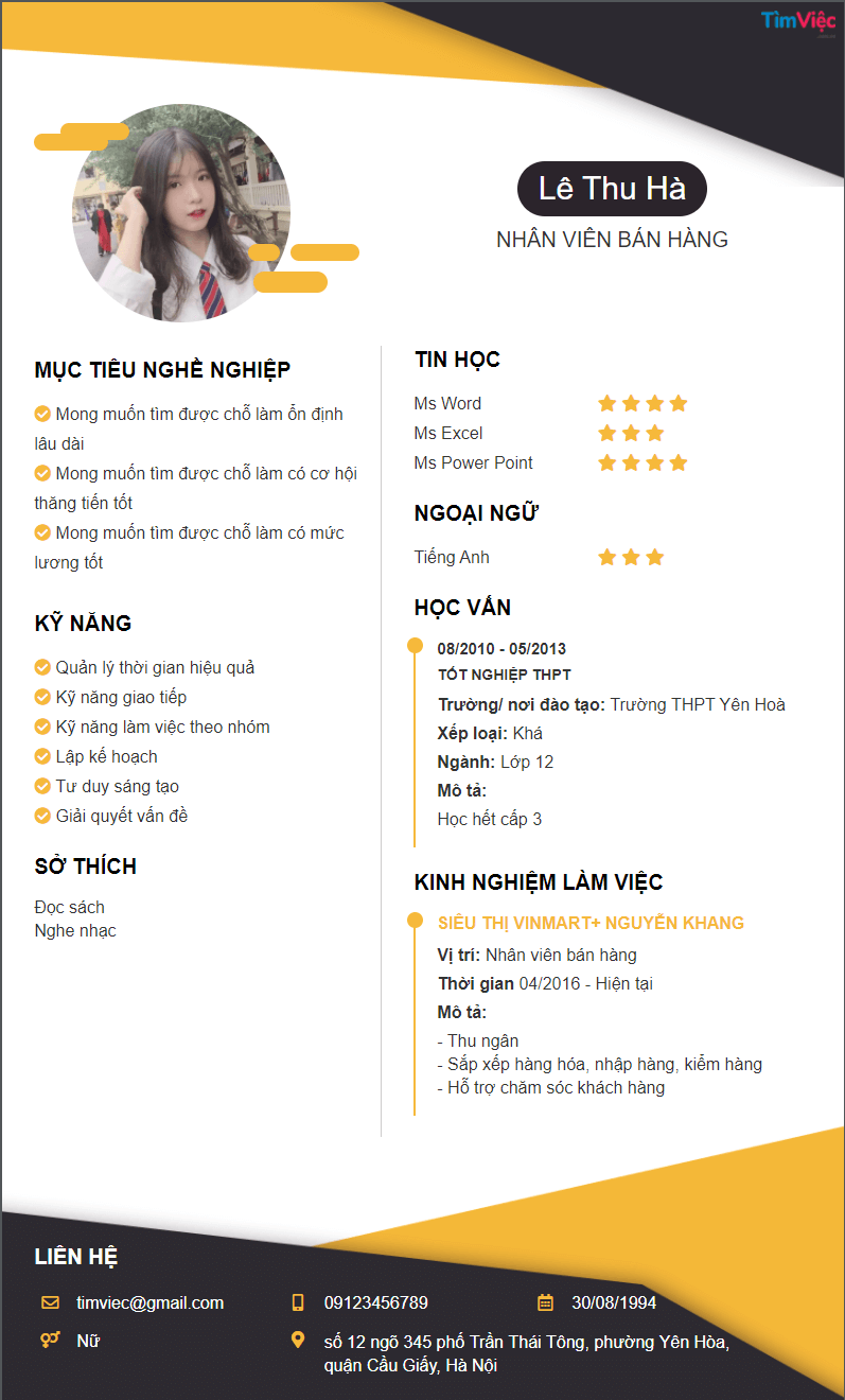 CV tiếng Việt tham khảo - Mẫu CV Nhân Viên Bán hàng - cv.timviec.com.vn CV tiếng Việt tham khảo - Mẫu CV Nhân Viên Bán hàng - cv.timviec.com.vn