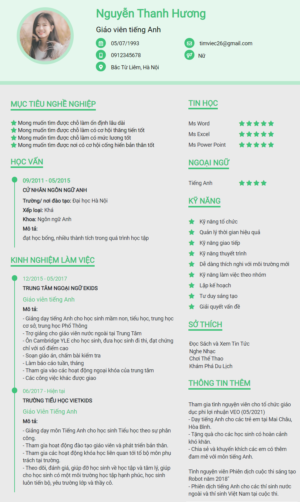 Mẫu CV Giáo Viên