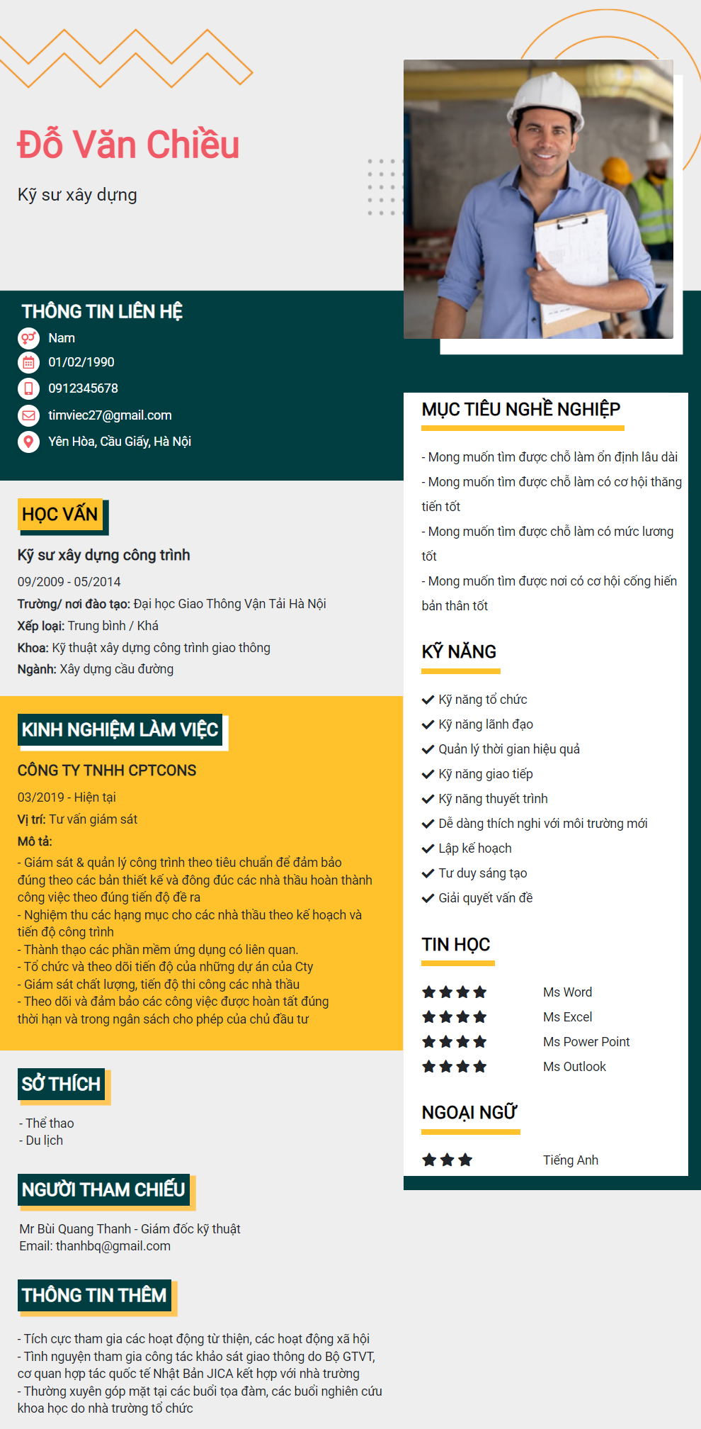 Mẫu CV Kỹ Sư Xây Dựng