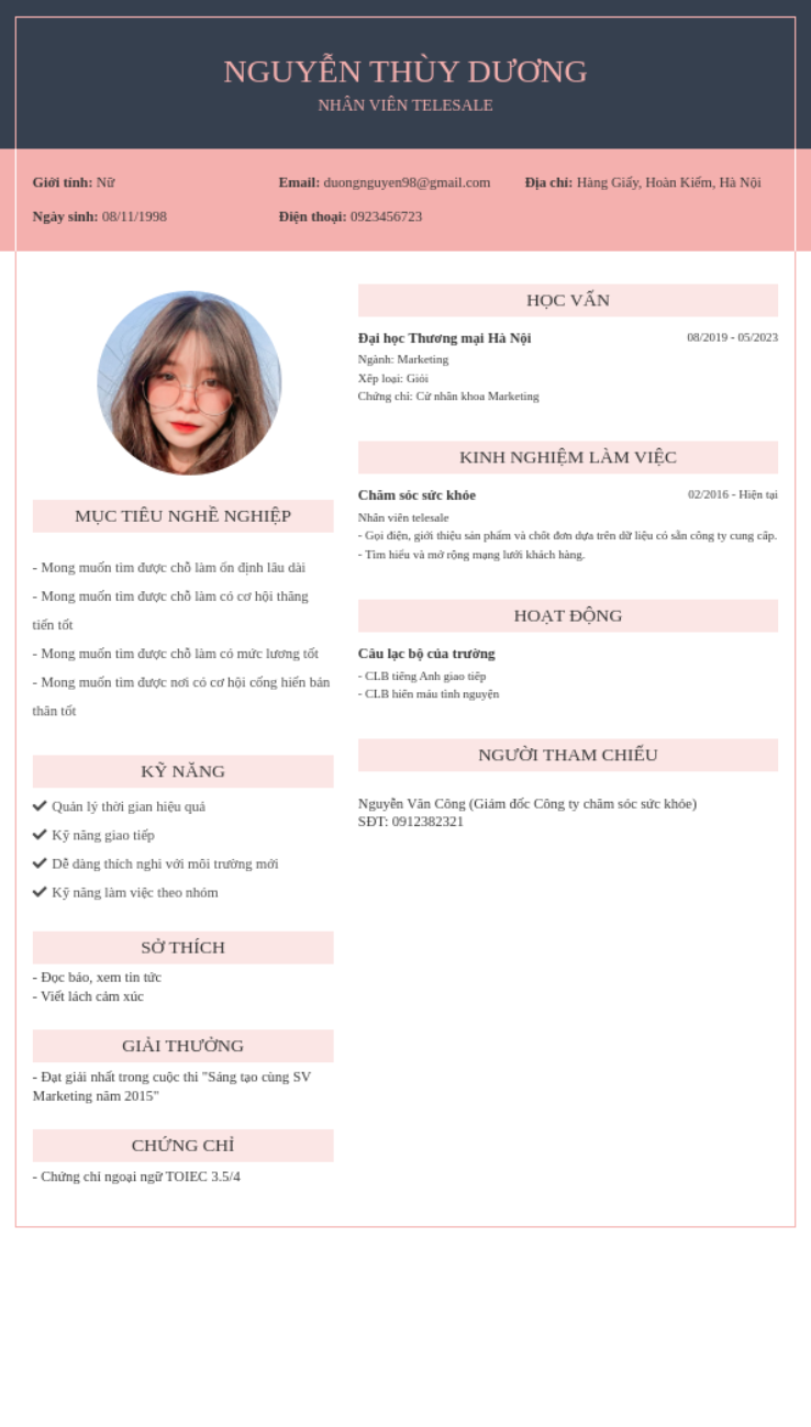 CV tiếng Việt tham khảo - Mẫu CV Telesale - cv.timviec.com.vn CV tiếng Việt tham khảo - Mẫu CV Telesale - cv.timviec.com.vn