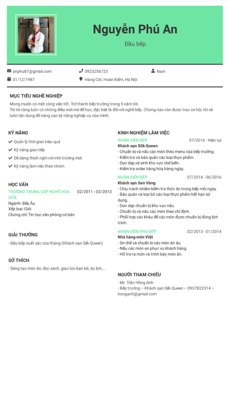 MẪU CV CHO ĐẦU BẾP
