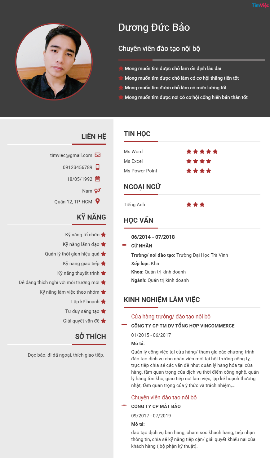 CV tiếng Việt tham khảo - Mẫu CV chuyên viên đào tạo nội bộ - cv.timviec.com.vn CV tiếng Việt tham khảo - Mẫu CV chuyên viên đào tạo nội bộ - cv.timviec.com.vn